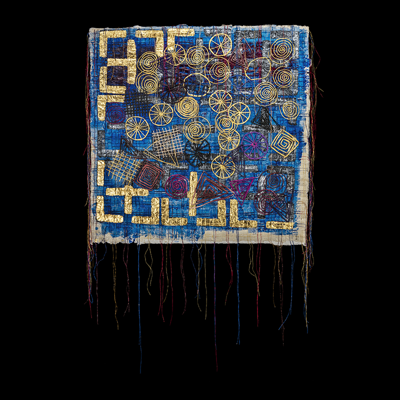Nébula 14, 2016. 80×80 cm; papel japonés, lino, gesso, acrílico y hoja de oro.