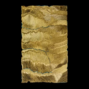 Marea azul, 2016. 200×120 cm; lino, gesso, acrílico y hoja de oro.